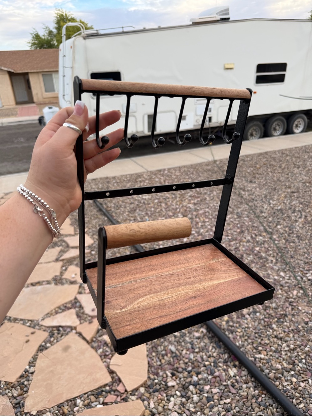 Wood and Black Metal Jewelry Organizer with Hooks and Tray